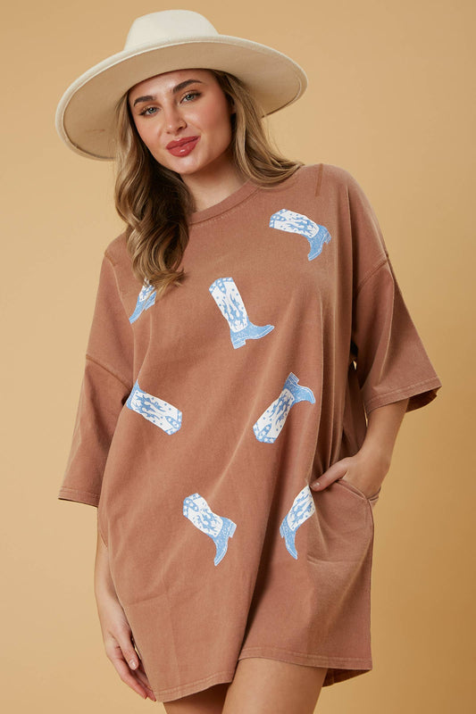 Western Boot Print Washed Tee Dress - Preorders: BROWN / L