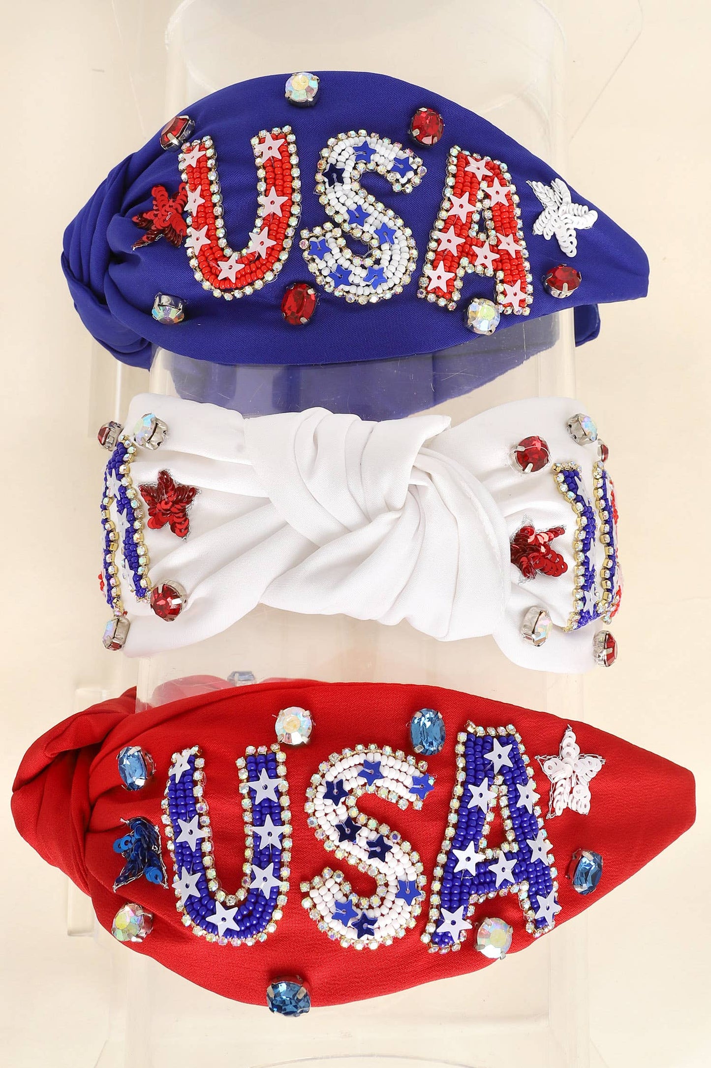 USA Patriotic Lettering Jeweled Beaded Headband: Red