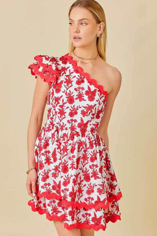 Ric Rac Trim Floral Print One Shoulder Mini Dress