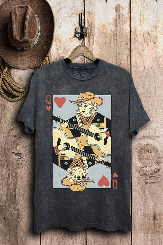 Western Country Music Poker Queen Graphic Tee: Vintage Black Mineral Wash