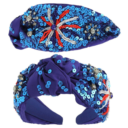 Patriotic Fireworks Sequin Top Knotted Headband: Blue