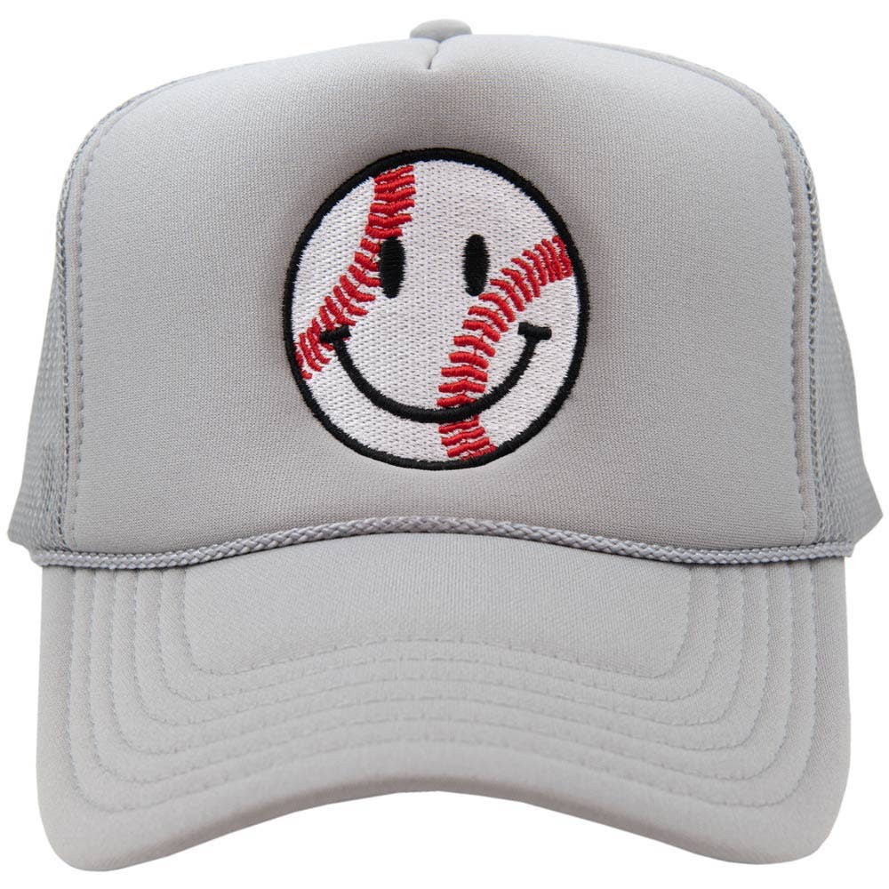 Baseball Happy Face Cute Foam Trucker Hat: Light Gray