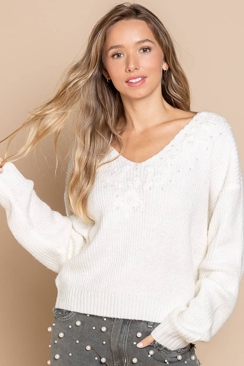 Embroidered and Pearl Pullover Sweater