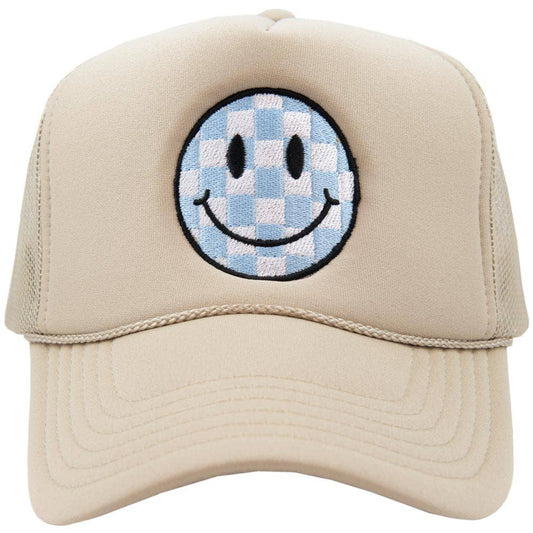 Light Blue Checkered Happy Face Foam Trucker Hat (Khaki): Khaki